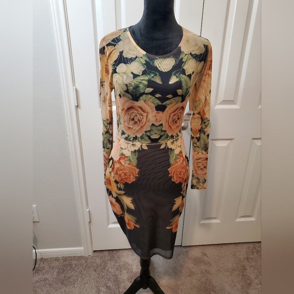 Blooming Elegance: Sheer Upper Rose Print Cocktail Dresses